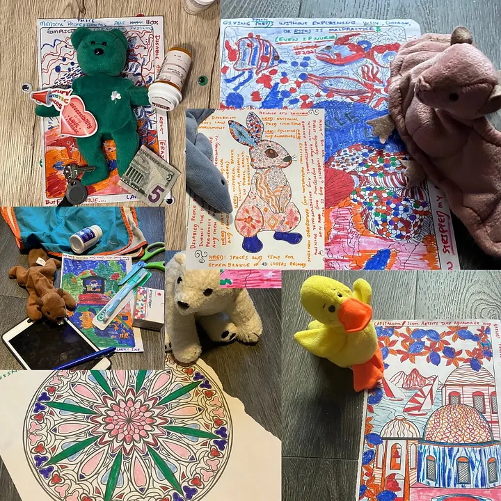 Photos of coloring sheets from the Ableism as Animal Monologue Series